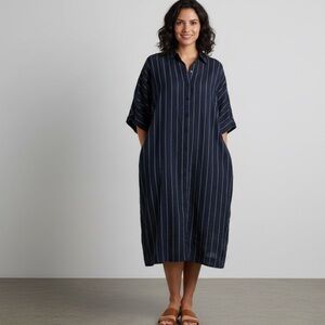 GREI NEW YORK Passport Shirt Dress Navy Striped Linen Cotton Oversized Relaxed